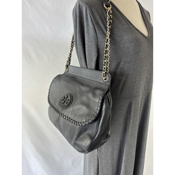 Tory Burch Marion Black Pebbled Leather 2-Way Whipstich Chain Strap Shoulder Bag - Picture 3 of 16